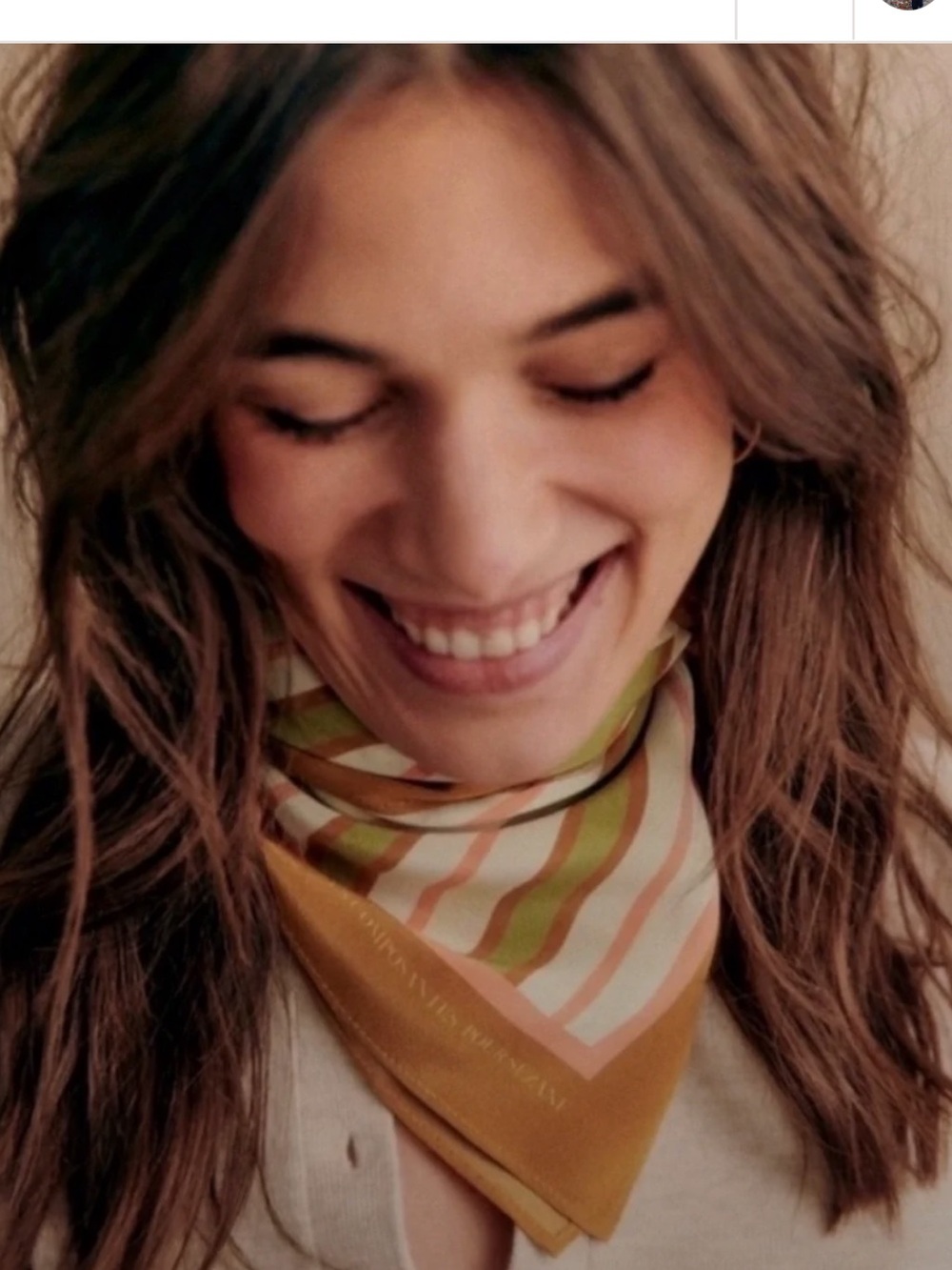 Sezane Striped Silk-Feel Bandana in Mustard, Green and Cream Foulard